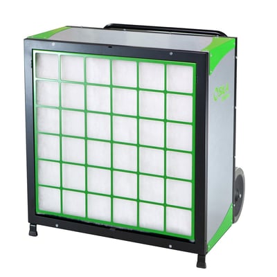 SILA 2000A3 luftrenser med stort HEPA 13 filter og grøn ramme, vist på hvid baggrund med transporthjul.