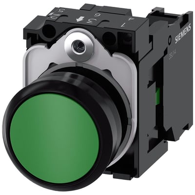 Siemens 22mm grøn trykknap med momentan kontakt og 1NO, skrueklemme på sort plast. Kan ses fra siden med tydelig Siemens logo.