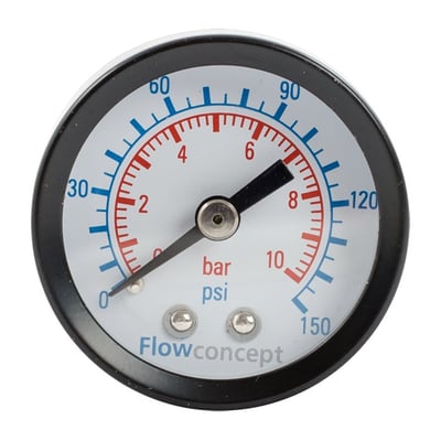 Tjep manometer med 40 mm skive, måler fra 0 til 10 bar og 0 til 150 psi med 1/8" gevindtilslutning.