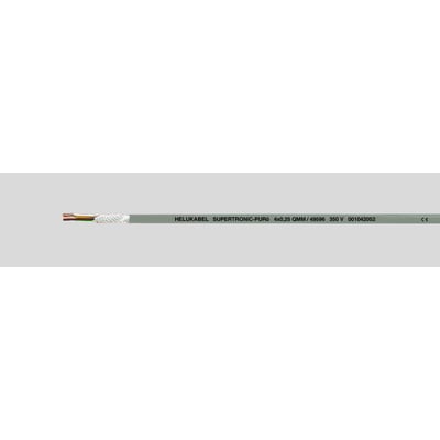 HELUKABEL SUPERTRONIC-PURÖ 4x0,25 QMM 350V 001042052 kabel med synlige kobberledere og flettet skærm mod grå baggrund.