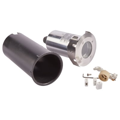 Ansell Lighting GU10 nedgravningsspot med tilbehør som indbygningsdåse og GU10 fatning, fremstillet i rustfrit stål og aluminium.