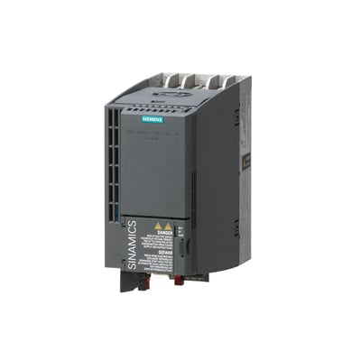 Siemens SINAMICS G120C motor, 7.5kW effekt, 3AC 380-480V, med integreret klasse A filter og sikker moment stop funktion på hvid baggrund.