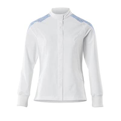 Mascot Jakke 20064 Food&Care til damer i str. 3XL, hvid med blå detaljer på skuldrene og rib ved håndled.