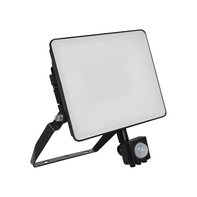V-TAC 50W LED-projektør med sensor, hvid lysflade, sort beslag og bevægelsessensor.