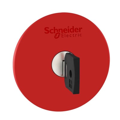 Nærbillede af det røde, runde paddehoved på Schneider Electric nødstop med indsat nøgle og logo.