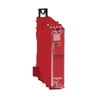 Schneider Electric Preventa XPS Universal sikkerhedsrelæ model XPSUEP med skrueterminaler og indikation af POWER, ERROR og STATE på hvid baggrund.