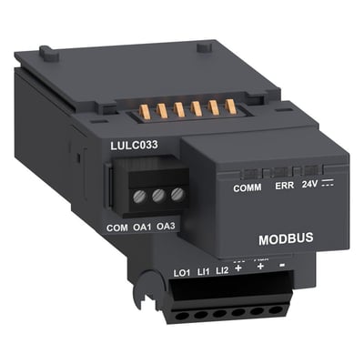 Schneider Electric TeSys U kommunikationsmodul LULC033 med Modbus, 2I+2O, mørkegråt kabinet med tydelige terminaler og indikatorlys.