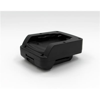 Starmix batteriadapter til Vaccufix L, designet til DeWalt powerstack 18V batterier, set fra siden på hvid baggrund.