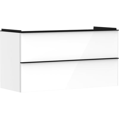 Frontvisning af Hansgrohe Xelu Q vaskeskab i hvid højglans med to skuffer og diskret greb.