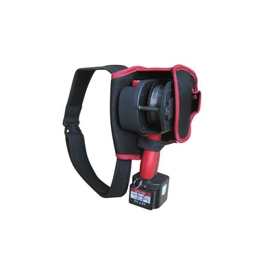 Værktøjsbælte i sort med røde kanter til Flair bindemaskine XDL-40A, med spole og batteri.