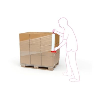 Illustration af en person, der manuelt pakker en pallelaste med strækfilm til manuel omvikling af pallelaster.
