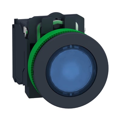 Schneider Electric Harmony XB5/ZB5 flush trykknap i blå med 24V LED og 1NO+1NC kontakter, vist på hvid baggrund.
