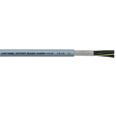 Lapp Olflex Classic 115 CY kabel med 4G4 ledere og flettet metalbeskyttelse, trykt med mærke, model og CE-godkendelse.
