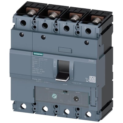 Siemens 3VA1 maksimalafbryder, 4-polet, 200A, 36kA, 415V. Afbryderen er grå med sorte terminaler og et betjeningsgreb.