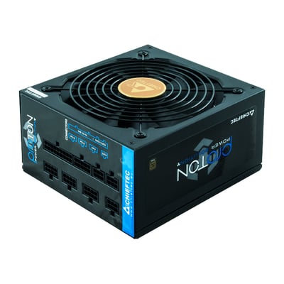 Sort Chieftec PSU-666 Proton modulær ATX-strømforsyning på 1000 W med blæser og synlige kabeltilslutninger.