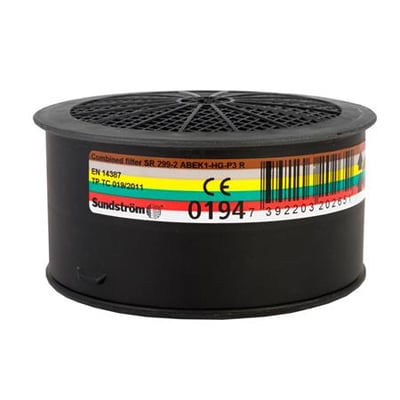 Sundström SR299-2 gasfilter, ABEK1-Hg-P3, med etiket der viser produktinformation, CE-mærke og stregkode.