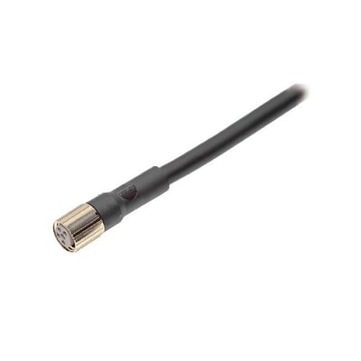 Nærbillede af Omron M8 sensorkabel med lige fatning (hun) og 4-polet konnektor samt en del af det sorte PVC-kabel.