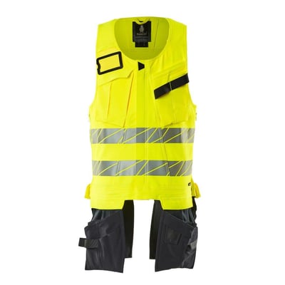 Mascot hi-vis værktøjsvest i gul og mørk marine, 2XL, vist forfra med lynlåsdetaljer og synlige lommer på brystet.