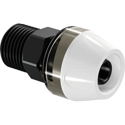 Uponor RTM-kobling med hvid PPSU-presdel, metalring og sort 3/4-tommers nippel til 25 mm rør.
