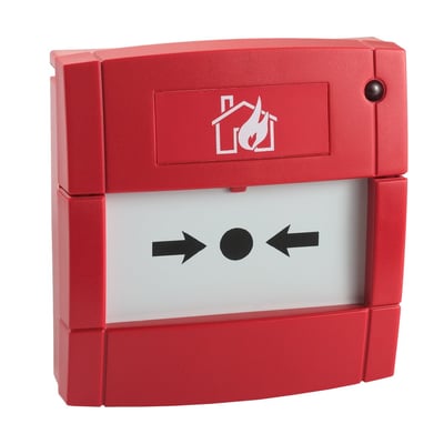 Schneider Electric System Sensor adresserbart brandtryk MCP5A-RP02 i rød plast med brand- og pilikoner.