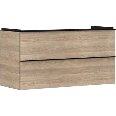 Hansgrohe Xelu Q vaskeskab i naturlig eg med to skuffer og integrerede aluminiumsgreb.