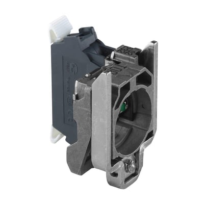 Schneider Electric kontaktelement ZB4 1NC fjeder set fra siden med push-in fjederklemmer, i grå plast og metal med en lille grøn diode.
