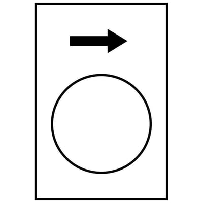 Schneider Electric ZB2BY4901 symbolskilt med sort højrepil symbol over en cirkelåbning, måler 30 x 40 mm i hvid plast.