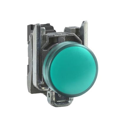 Schneider Electric Harmony XB4/ZB4 robust signallampe i metal med grøn LED linse og monteringsbeslag, 110-230VAC.