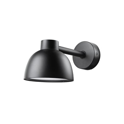 Detaljebillede af den sorte Nordtronic Herning Mini væglampe, viser lampehovedet med justerbar vinkel på den sorte arm.