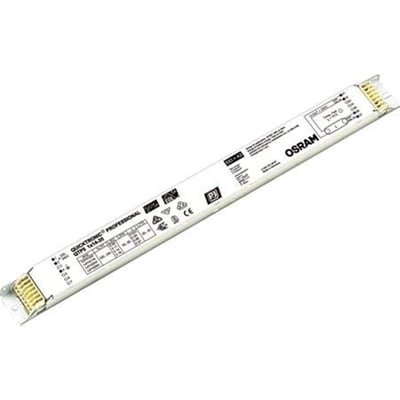 Nærbillede af Osram QTP5 HF-forkobling, der viser mærkning med modelnummer og specifikationer for 2x14-35W lysstofrør.