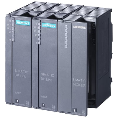 Siemens SIMATIC S7-400H Y-link modul med to DP link moduler og et Y-coupler modul, vist sammenkoblet på en mørk baggrund.