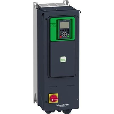 Frontbillede af Schneider Electric Altivar Process ATV650 frekvensomformer, viser detaljeret kontrolpanel og betjeningsknapper.