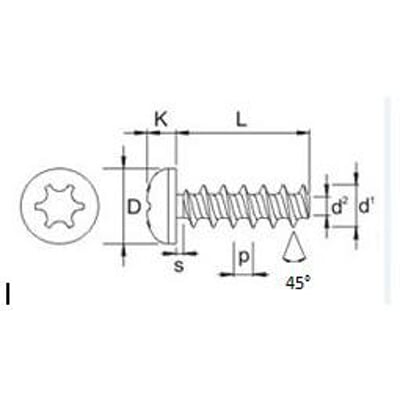 Teknisk tegning af skrue 5,0x12 mm med FZB plas-tech belægning, 45GR panhoved og T-20 kærv, der viser dimensioner.