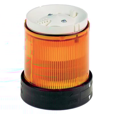 Schneider Electric lysenhed XVB fast orange med 24V AC/DC spænding og 70mm diameter, på hvid baggrund.