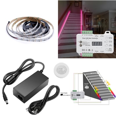 LEDlife RGB LED-stripsæt til trappe, 2 x 5 meter, vist med ruller, styring og strømforsyning samt pink lys på en trappe.