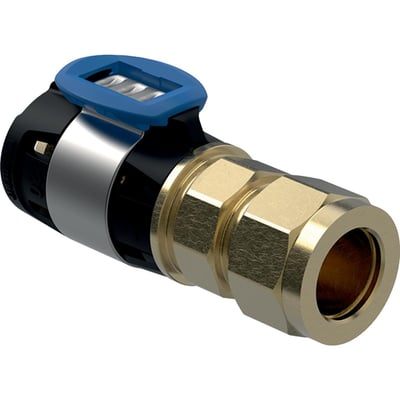 Nærbillede af samlet Geberit FlowFit overgang i messing med blå låsering, klar til montering på 16 mm rør.