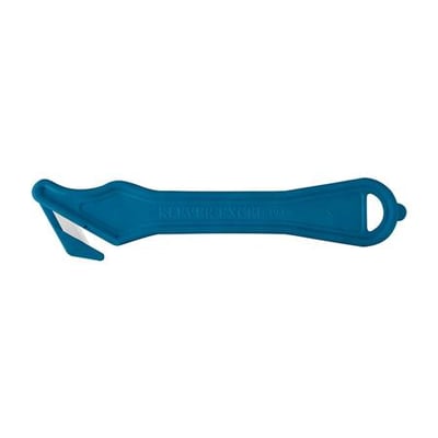 Klever Excel Plus MD metaldetekterbar sikkerhedskniv i blå plast med skjult klinge og integreret tapesplitter. Hvid baggrund.