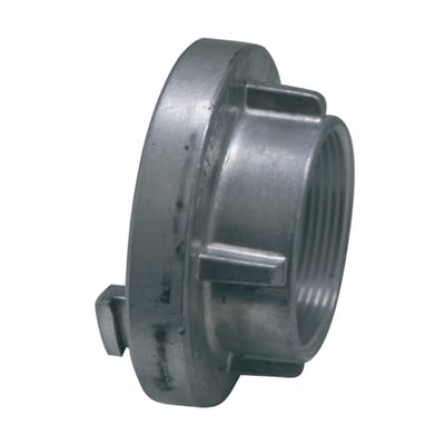 Grundfos Storz A kobling i aluminium med 4" indvendigt gevind, vist isoleret på hvid baggrund.