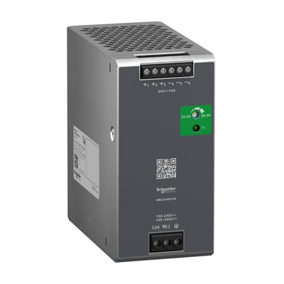 Lauritz Knudsen strømforsyning 24V 10A, model ABLS Optimized, vist med 3-polet terminalblok og LED indikator for spænding.