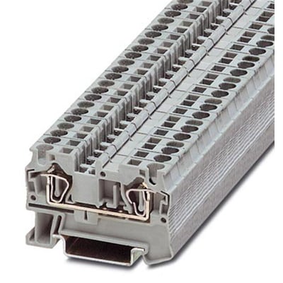 Detaljeret billede af Phoenix Contact ST 4 gennemgangsklemme, fremhæver fjederklemmerne og den modulære opbygning til 6 mm² ledere.