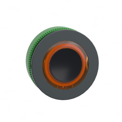Schneider Electric Harmony XB5 ZB5F lampetrykhoved med orange LED-ring og sort trykflade.