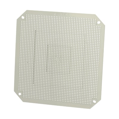 Fibox NEO MPI3232 montageplade i kunststof, 320 x 320 mm, set skråt med tæt gitter af firkantede huller.