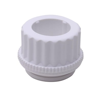 Danfoss ABNM adapter til RA 2000 (VA78) ventil i hvid plast. Adapteren har en riflet top og en flad bund med gevind.