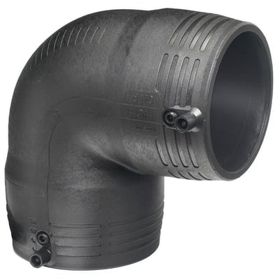 Georg Fischer ELGEF Plus PE EL-vinkel 180 mm 90° SDR11 PN16 i sort PE100 materiale, vist på hvid baggrund.