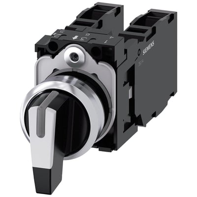 Siemens 22mm omskifter med rund, hvid højglans metal knop, 3 kontaktpositioner, med monteringsmoduler bagpå.