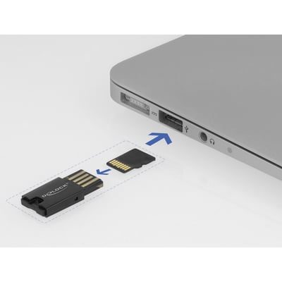 DeLock USB 2.0 kortlæser til Micro SD viser insertion til en bærbar computer med USB-port.