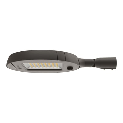 Gråt Ledvance Urban Flex Street-gadearmatur på 20 W set skråt nedefra med synlige LED'er og Ø60-mastetilslutning.