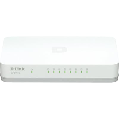 Hvid D-Link 8-port Gigabit Easy desktop-switch set forfra med statuslamper på fronten.