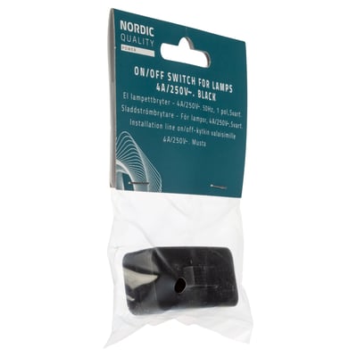 Nordic Quality ledningsafbryder i sort, vist i original emballage med hvid baggrund.