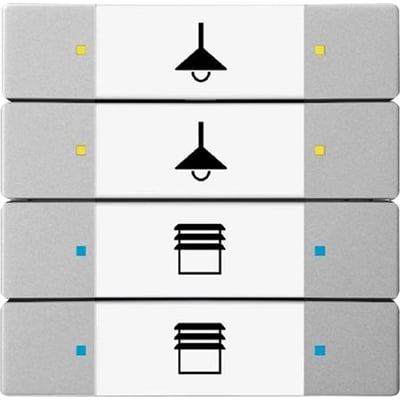ABB KNX betjeningselement i rustfrit stål med 4 rækker med lys- og persiennesymboler samt gule og blå indikator-LEDs.